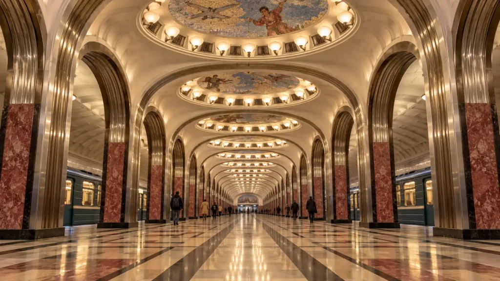 Mayakovskaya Metro Station: Deyneka Mosaics and Stainless Steel Arches