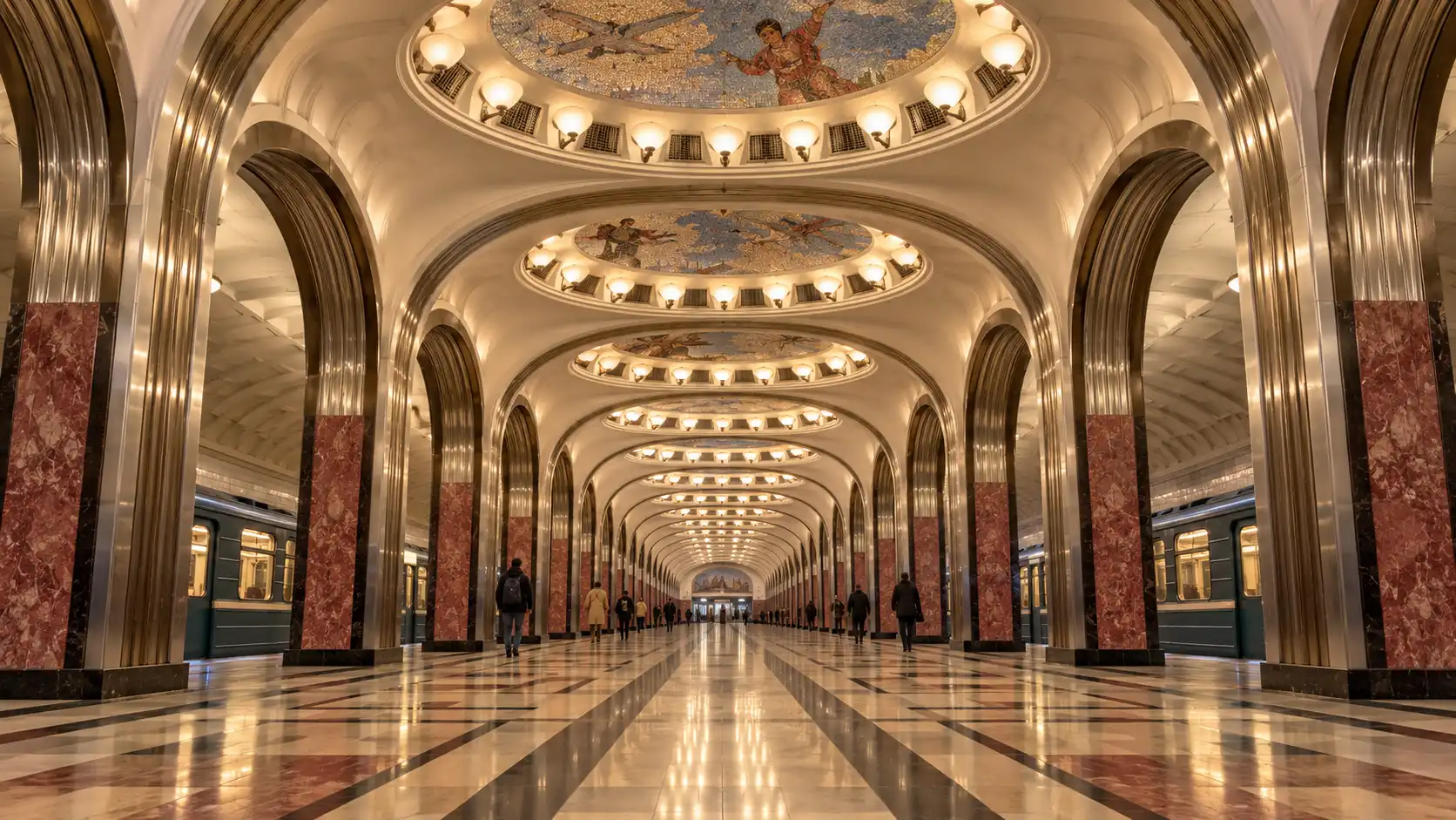 Mayakovskaya Metro Station: Deyneka Mosaics and Stainless Steel Arches