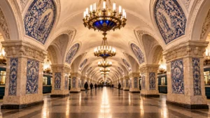 Taganskaya Metro Station: Majolica Panels, Chandeliers and Transfers