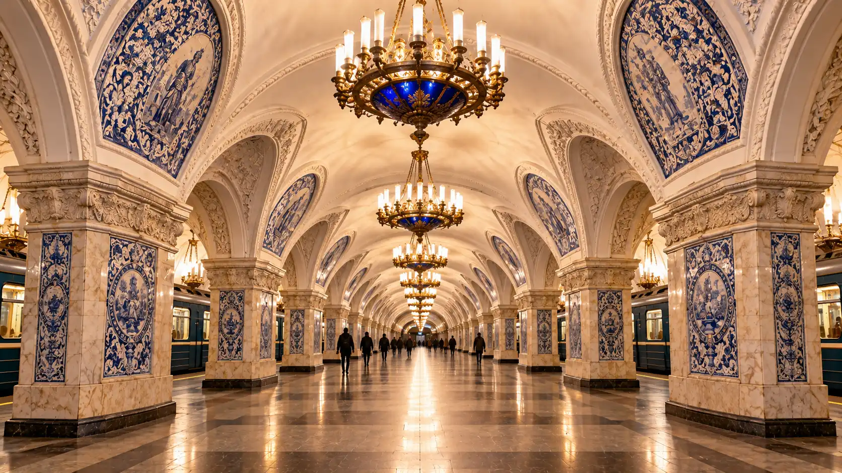 Taganskaya Metro Station: Majolica Panels, Chandeliers and Transfers