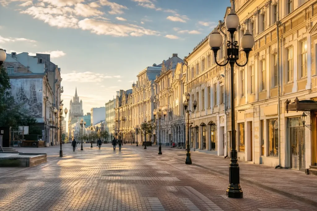 Historic pedestrian Arbat Street in Moscow with traditional buildings and soft morning sunlight