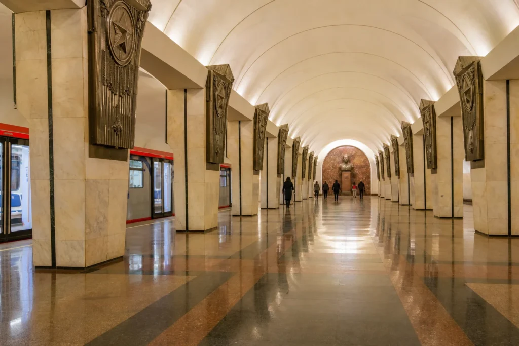 Frunzenskaya Metro Station: Deep Stalinist Hall with Frunze Bust