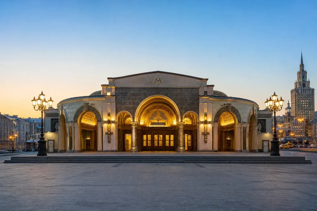 Moscow Metro station with marble columns, ceiling lights and a long platform