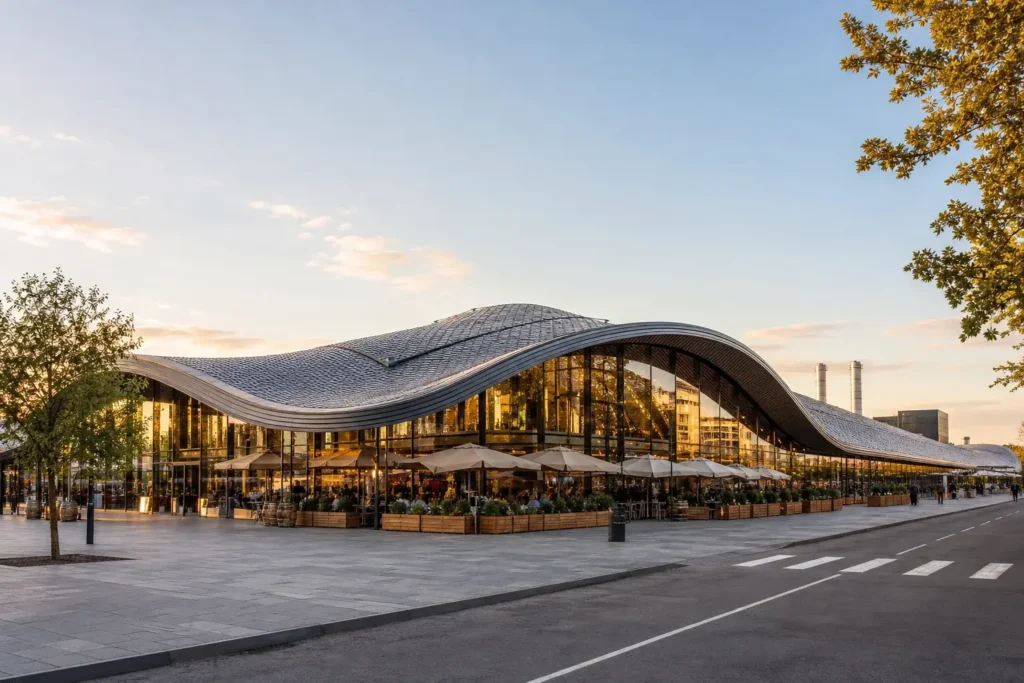 Interior of Danilovsky Market in Moscow with food counters, seating areas and a curved roof