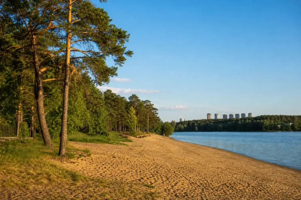 Sandy riverside beach at Serebryany Bor in Moscow with pine trees and calm water