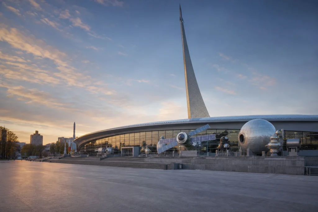 Spacecraft models and space exploration exhibits inside Moscow's Museum of Cosmonautics