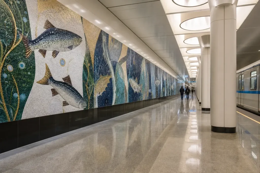 Nagatinsky Zaton Metro Station: Fish Mosaics, Big Circle Stop