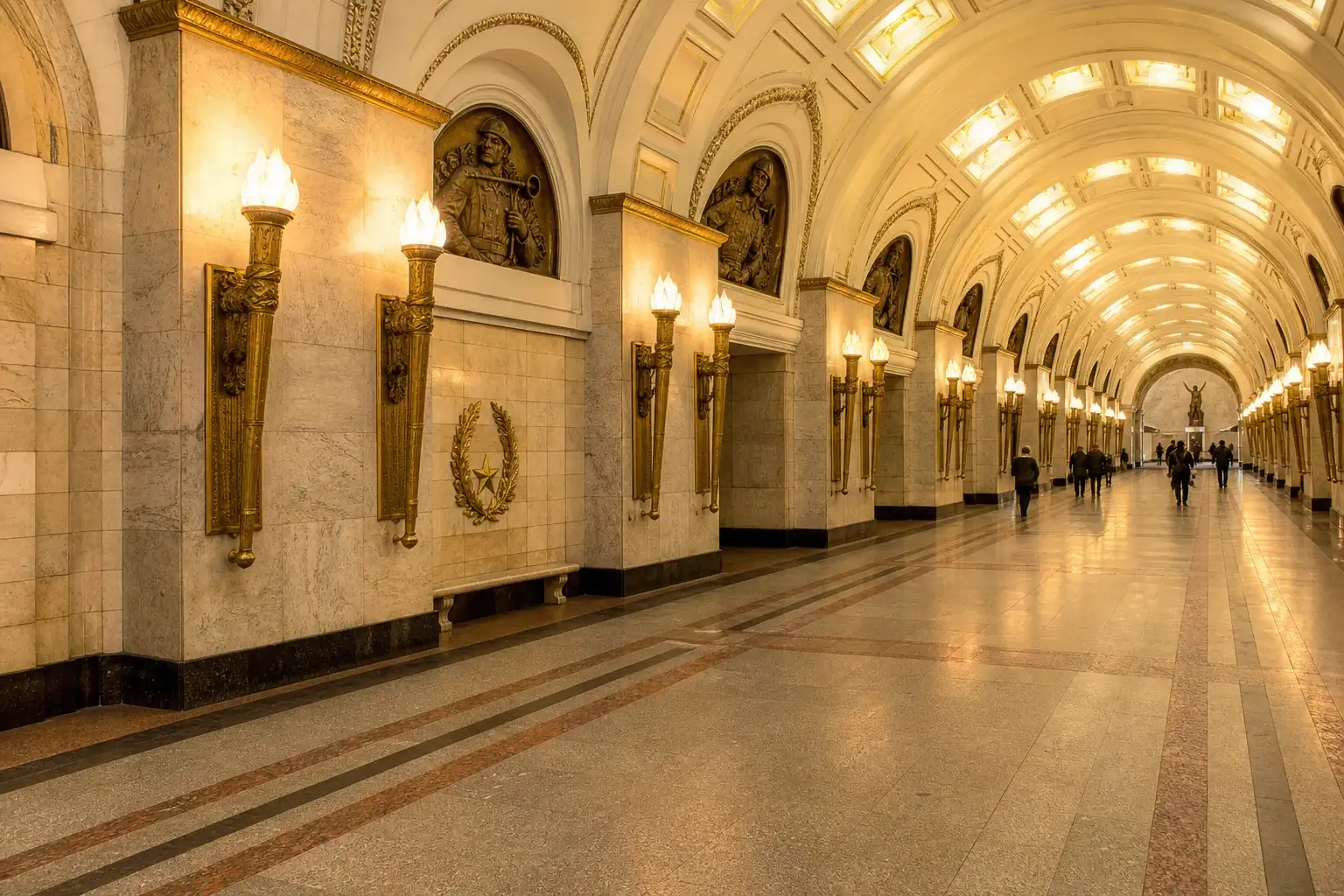 Oktyabrskaya Metro Station: Empire-Style Hall, Torches and Gorky Park